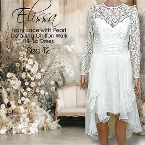 Elissa Ivory Lace with Pearl Detailing Illusion Chiffon Hi-Lo Ruffle Hem Dress